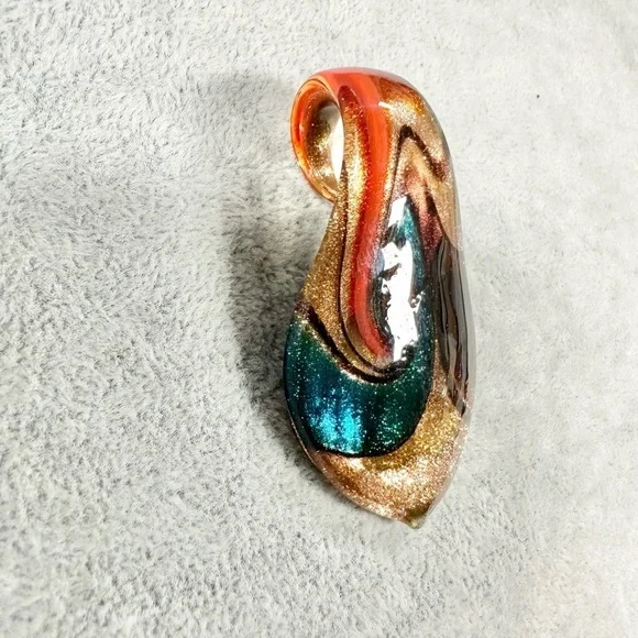 Tear Drop Art Glass Red And Blue With Copper Gold Sparkle Pendant For Necklace - Picture 2 of 3